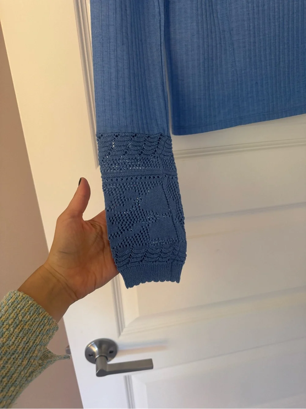 Free People ~ Blue Long-Sleeve Knit Top with Crochet Sleeves
